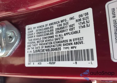 2008 Honda Cr-V Ex-L from USA, damaged, VIN 5J6RE38748L004620